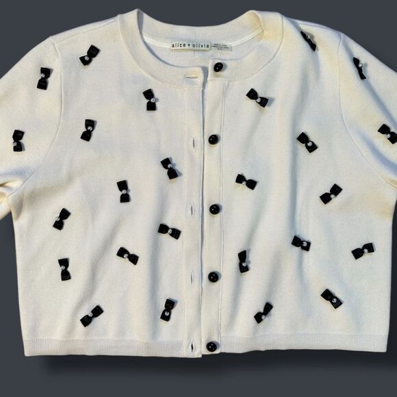 Alice + Olivia Wool Blend Daroda Pearl Bow Cardigan Sz XL - Picture 2 of 12